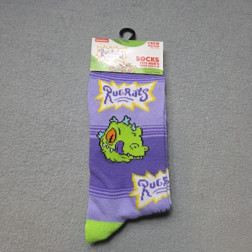Rugrats Socks Mens 10-13 Purple Crew Reptar Nickelodeon‎ Cartoon Striped TV Show